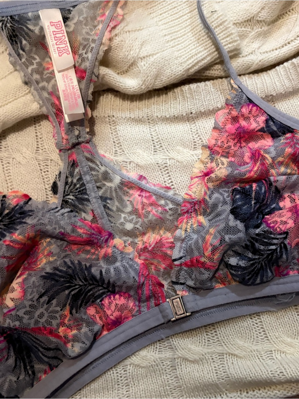 Victoria's Secret PINK Floral Lace Bralette in Gray and Pink